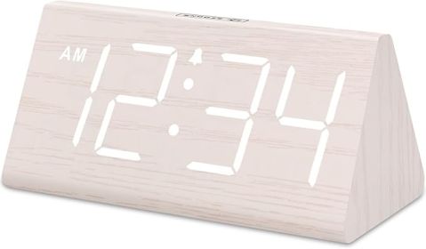 Wooden Digital Alarm Clock for Bedroom - Living Room Desk Clock with Large Numbers, Bedside Nightstand Clock with USB Port, Adjustable Volume, Dimmer