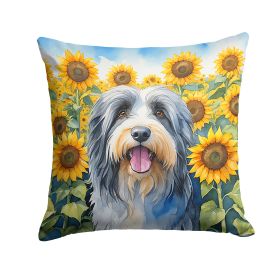 Bearded Collie in Sunflowers Throw Pillow Machine Washable, Indoor Outdoor Decorative Pillow for Couch, Bed or Patio, 18Hx18W