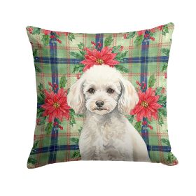 Miniature White Poodle Christmas PoinsettIas Throw Pillow Decorative Indoor Outdoor Accent Cushion for Couch, Bed or Patio, 14Hx14W